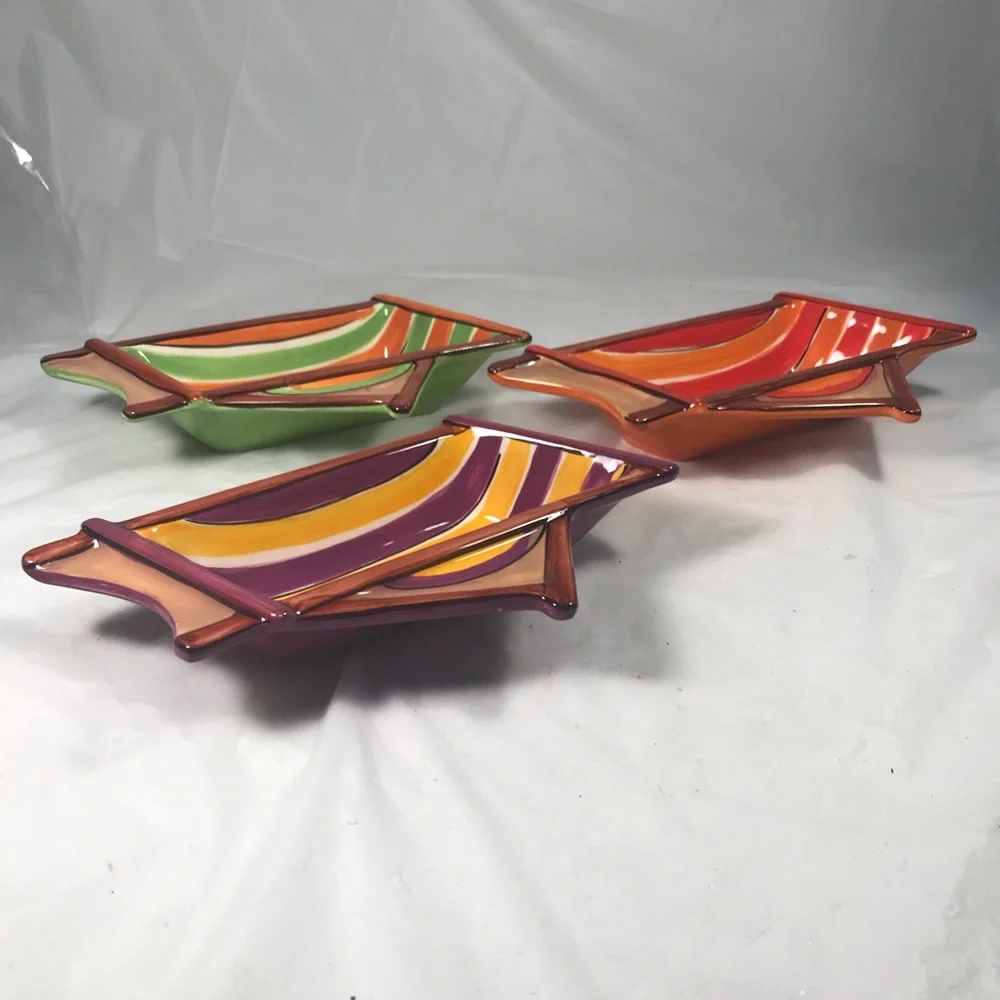 Clay Art Set of 3 Colorfully Striped Ceramic Serving Dip Chip Condiment Bowls